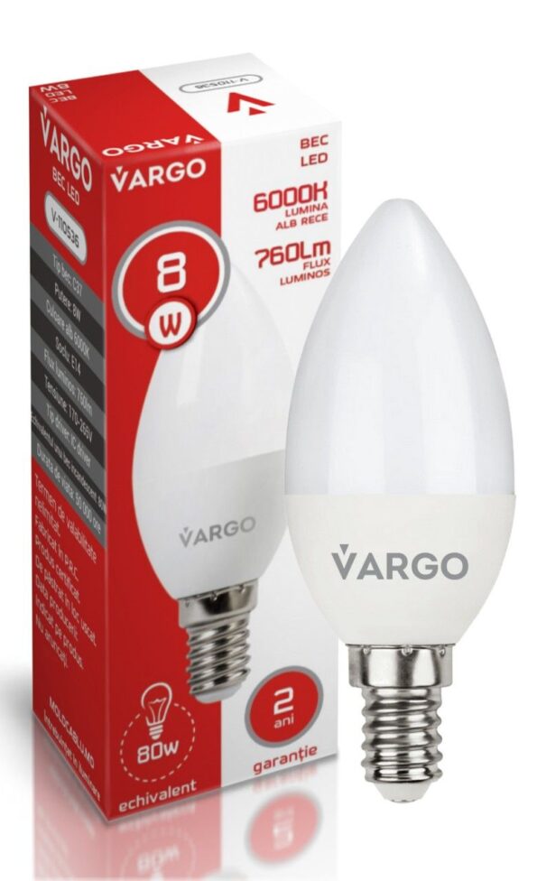 Bec LED C37 8W 6000 К E14 albă Vargo