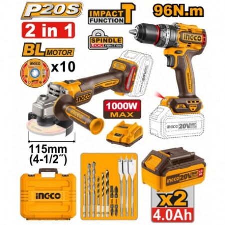 SET MASINA DE INSURUBAT SI GAURIT +POLIZOR 115MM CU ACUM 2X4.0Ah INGCO