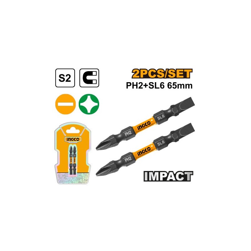 SET DE BITI PH2+SL6 2BUC 65MM INDUSTRIAL INGCO SET DE BITI PH2+SL6 2BUC 65MM INDUSTRIAL INGCO