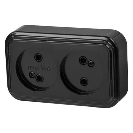 Priză dublă neagră aparentă 16A IP20 220V praleska BYLECTRICA