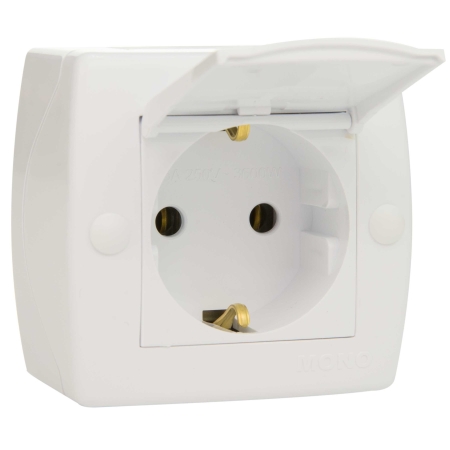 Priză cu capac cu împământare albă aparentă 16A IP20 220V Konza