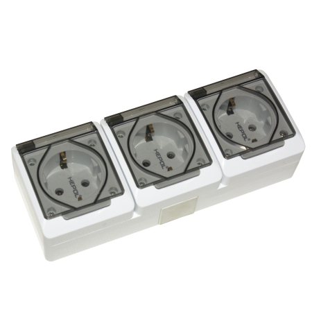 Tройная розетка с крышкой белый/Серый накладная 16A ИП20 220V Злмос