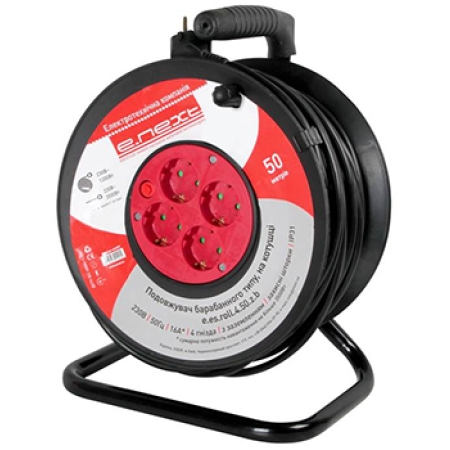 Prelungitor pe tambur cu 4 prize cu împământare cu protecție negru 50m 220V 16A 3х1.0 mm² 220V Enext