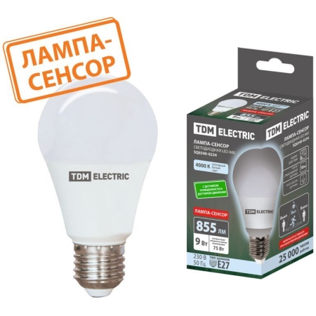 Светодиодная лампа 9В 4000K E27 A60 с датчиком TDM