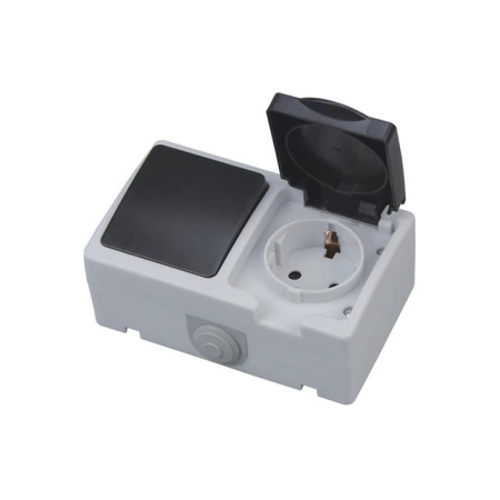 Întrerupător + priză cu capac aparent gri 16A IP54 220V atom Horoz