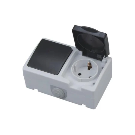 Выключатель + розетка с крышкой накладной серый 16A ИП54 220V atom Horoz