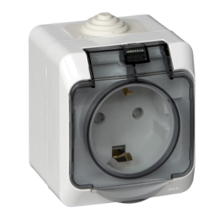 Priză cu capac cu împământare albă/gri 220V 16A IP44 220V Schneider