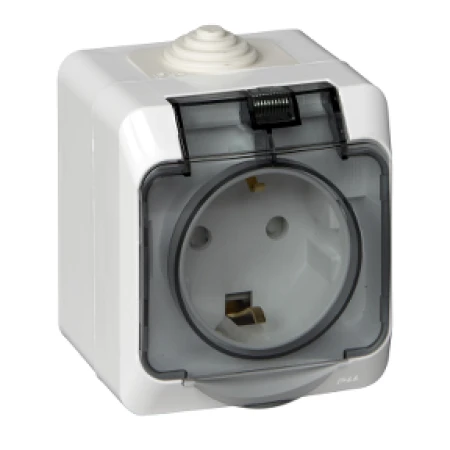 Priză cu capac cu împământare albă/gri 220V 16A IP44 220V Schneider