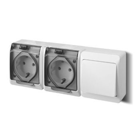 Priză dublă cu capac cu întrerupător albă/gri aparentă 16A IP20 220V Elmos