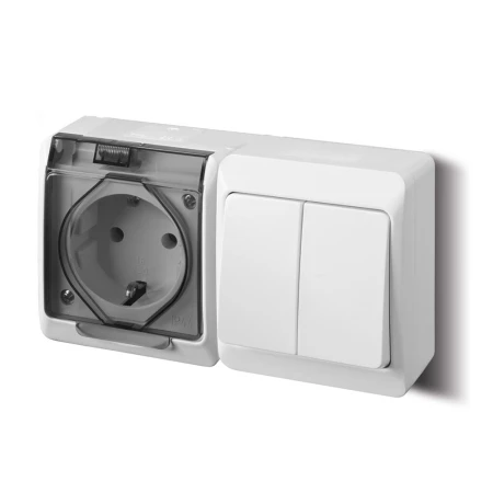 Priză dublă cu întrerupător dublu albă/gri aparentă 16A IP20 220V Elmos