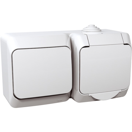 Выключатель + розетка с крышкой накладной белый 10A ИП20 220V Konza