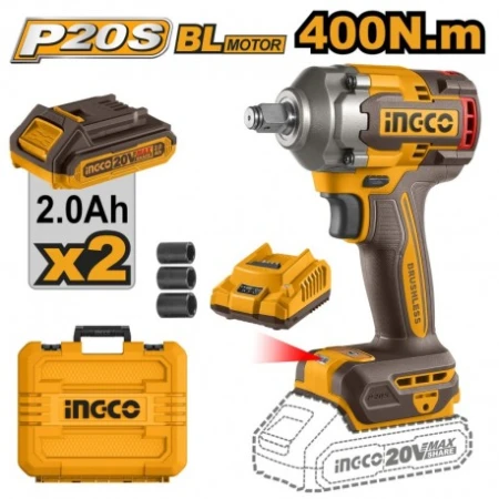 MASINA DE INSURUBAT CU IMPACT SI ACUMULATOR LI-ION 20V/2*2Ah 400N.m INGCO