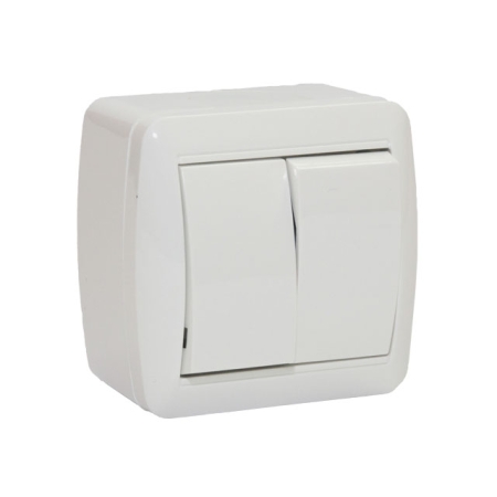 Выключатель двухклавишный накладной белый 10A ИП44 220V Злмос