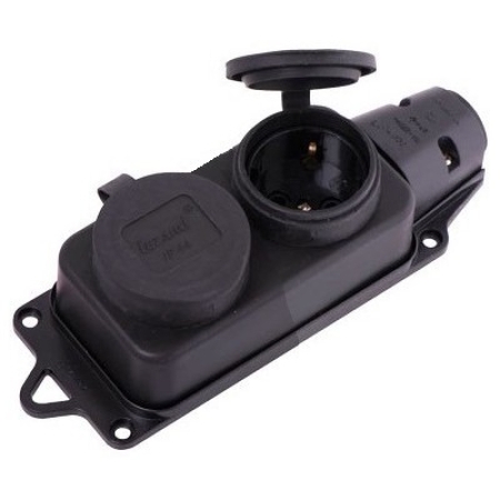 Блок с 2 розетками с заземлением черный прарезиновый 16A Konza