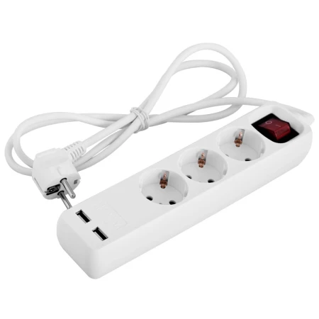 Удлинитель с выключателям с 3 розетками+2*USB с заземлением с защитой белый 1,5M 16A 220V Enext