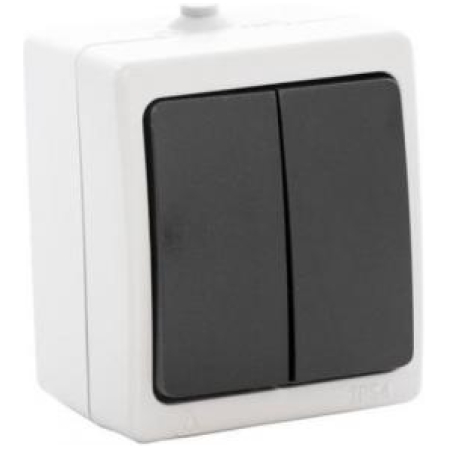 Выключатель двухклавишный накладной серый 10A ИП54 220V atom Horoz