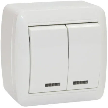 Выключатель двухклавишный накладной с подсветкой 10A ИП44 220V Злмос