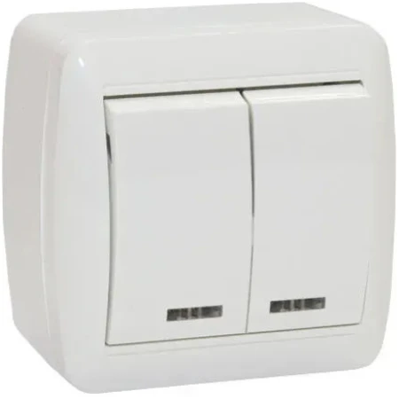 Выключатель двухклавишный накладной с подсветкой 10A ИП44 220V Злмос