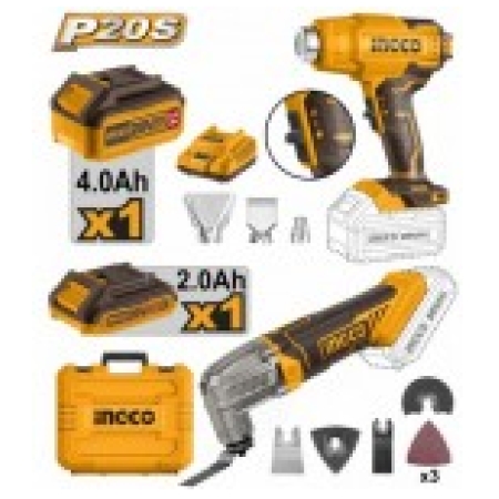 SET 2 MASINI,FEN INDUST+MULTIFUNCTIONAL LI-ION 20V/1X2AH INGCO