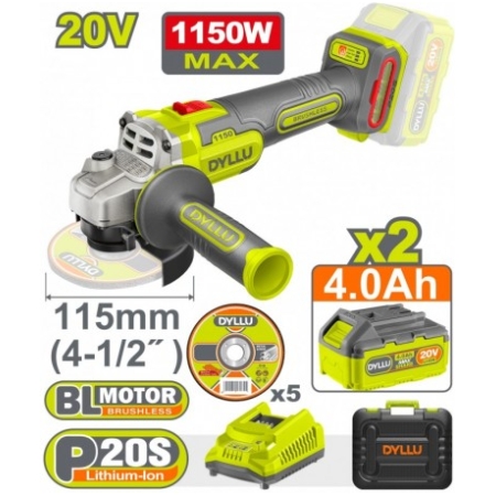 POLIZOR UNGHIULAR 115MM CU ACUM 20V/2X4AH 1150W DYLLU