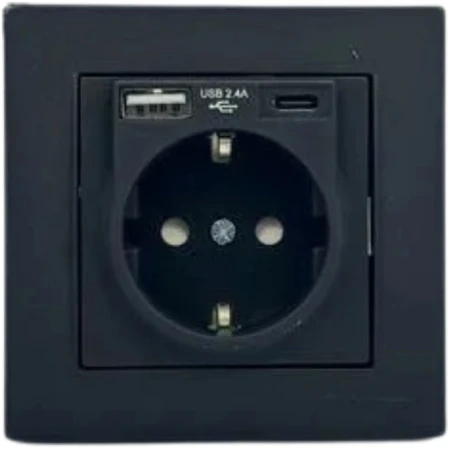 Розетка встраиваемывая с USB и Type C черная 220V 16A ИП20 220V rita Mutlusan
