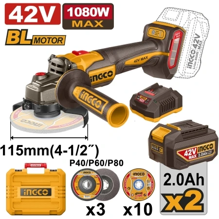 POLIZOR UNGHIULAR D-115MM 1280W 42V/2*2.0AH INGCO