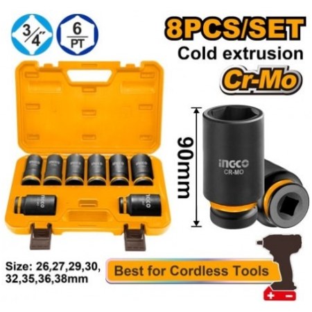 SET CAP CHEIE TUBULARA 26-38MM 3/4 IMPACT 8 PIESE INGCO