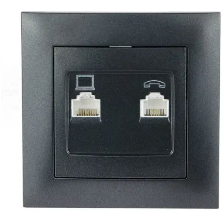 Двойная розетка RJ45+RJ11 графитовый встраиваемывая 10A ИП20 220V Злмос