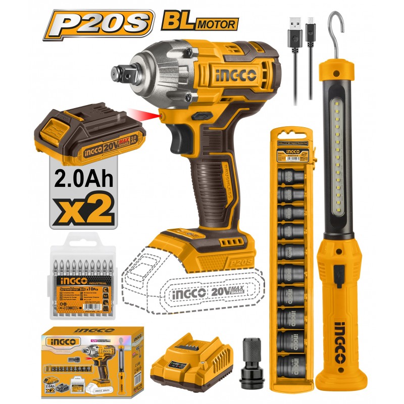 SET MASINA PERCUTIE+LAMPA 20V/2*2Ah INGCO SET MASINA PERCUTIE+LAMPA 20V/2*2Ah INGCO